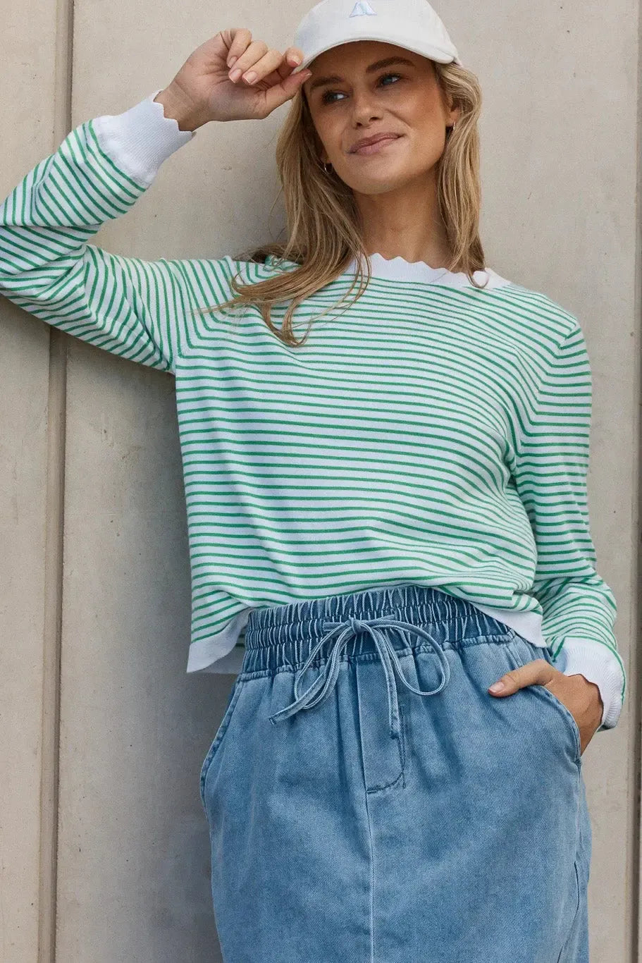 Scallop Knit Sweater - Green Stripe-Knitwear & Jumpers-Betty Basics-The Bay Room