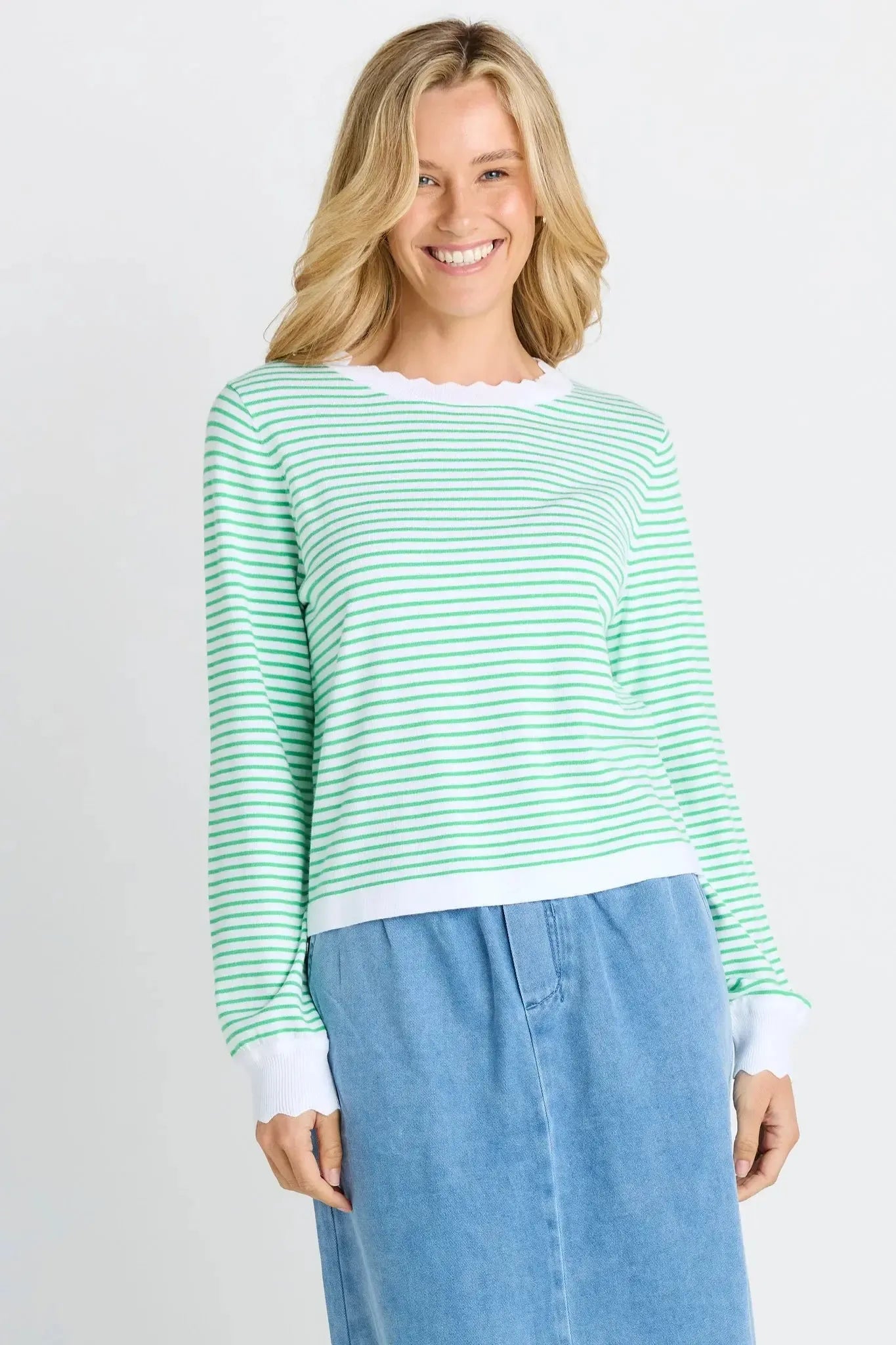 Scallop Knit Sweater - Green Stripe-Knitwear & Jumpers-Betty Basics-The Bay Room