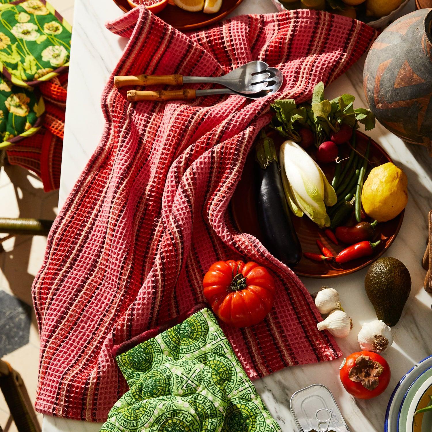 Selene Stripe Tea Towel - Hibiscus-Soft Furnishings-Sage & Clare-The Bay Room