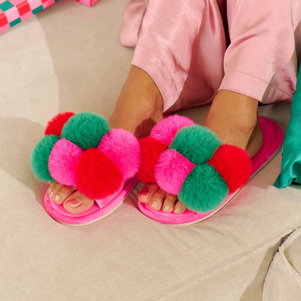 Slipper Cosy Luxe Pom Pom - Hot Pink-Sleepwear & Robes-Annabel Trends-The Bay Room