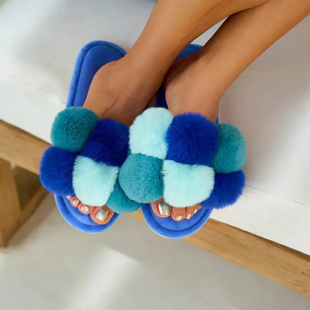 Slipper Cosy Luxe Pom Pom - Multi Blue-Sleepwear & Robes-Annabel Trends-The Bay Room