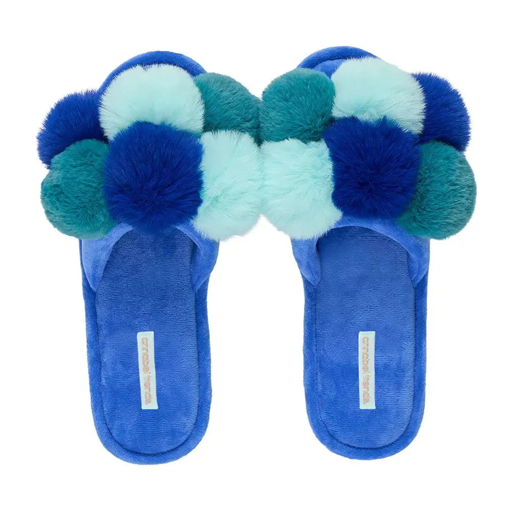 Slipper Cosy Luxe Pom Pom - Multi Blue-Sleepwear & Robes-Annabel Trends-The Bay Room