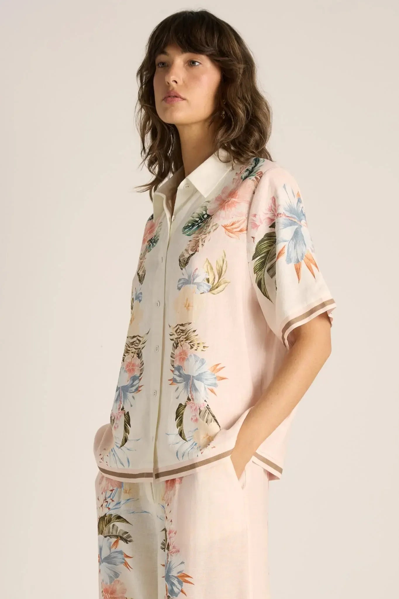 Solara Placement Print Collared Shirt - Pink Print-Tops-Fate + Becker-The Bay Room