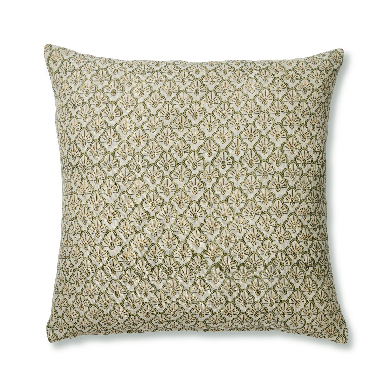 Soma Scallop Block Print Green/Ochre Cushion 50x50cm-Soft Furnishings-Madras Link-The Bay Room