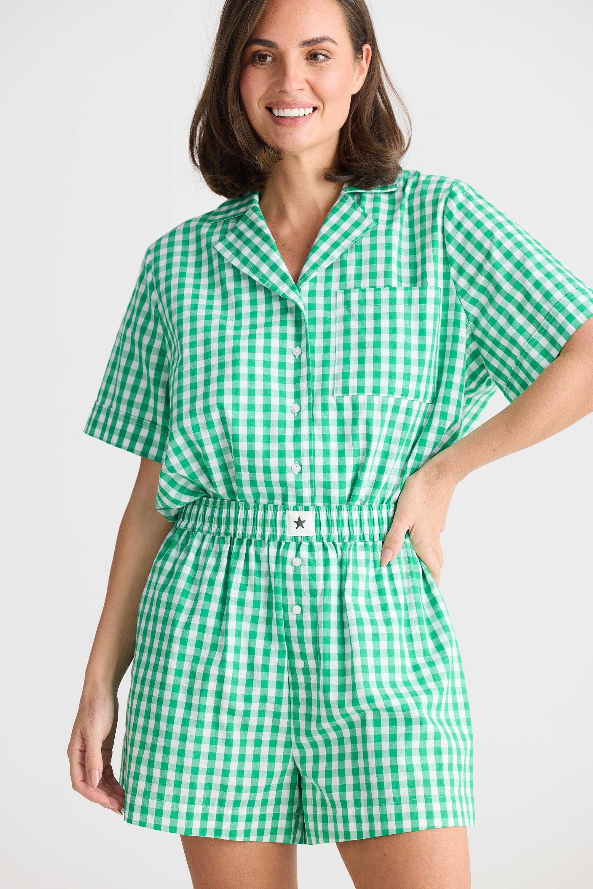 Stay In Bed Pyjama Set - Green Check-Sleepwear & Robes-Holiday-The Bay Room