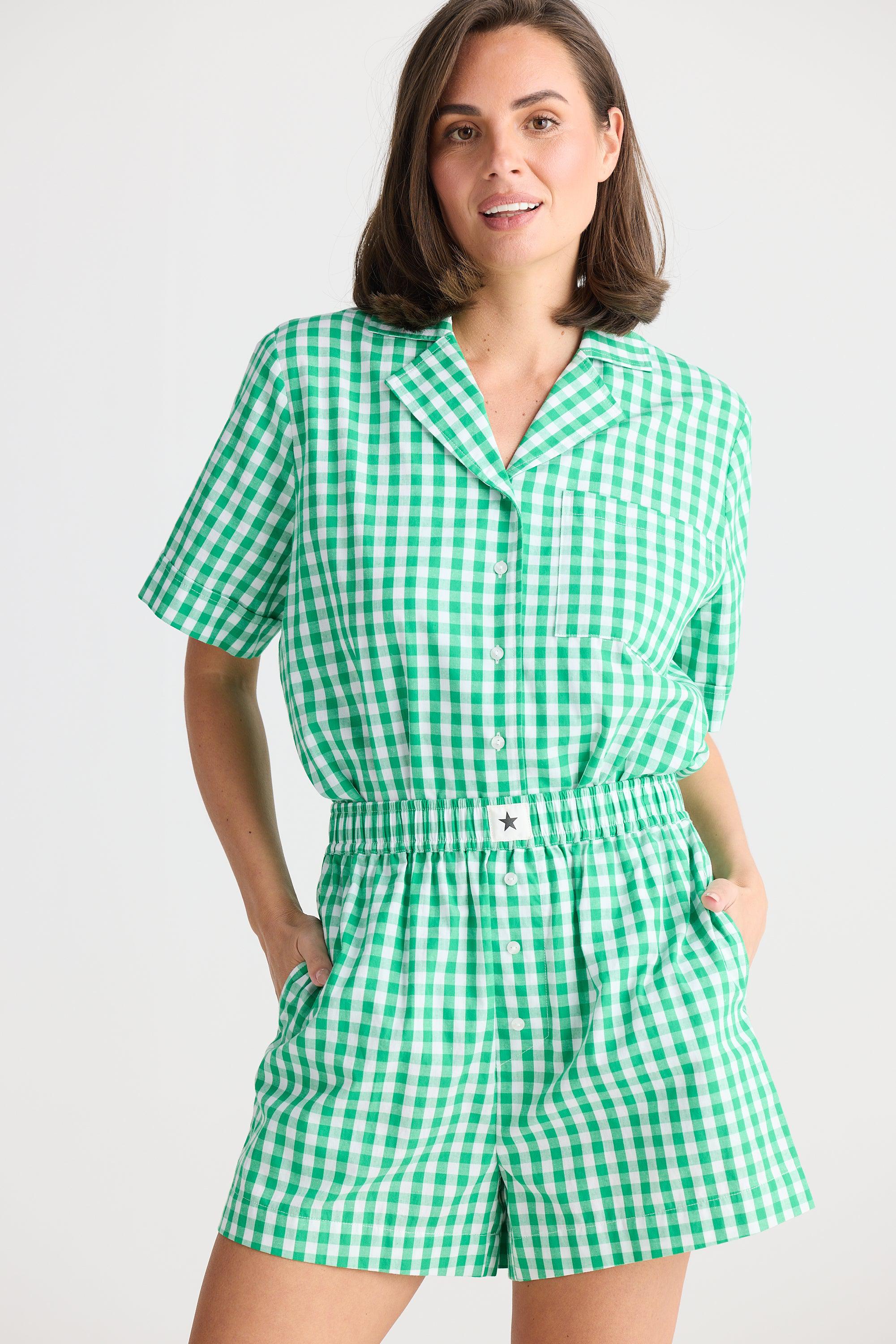 Stay In Bed Pyjama Set - Green Check-Sleepwear & Robes-Holiday-The Bay Room