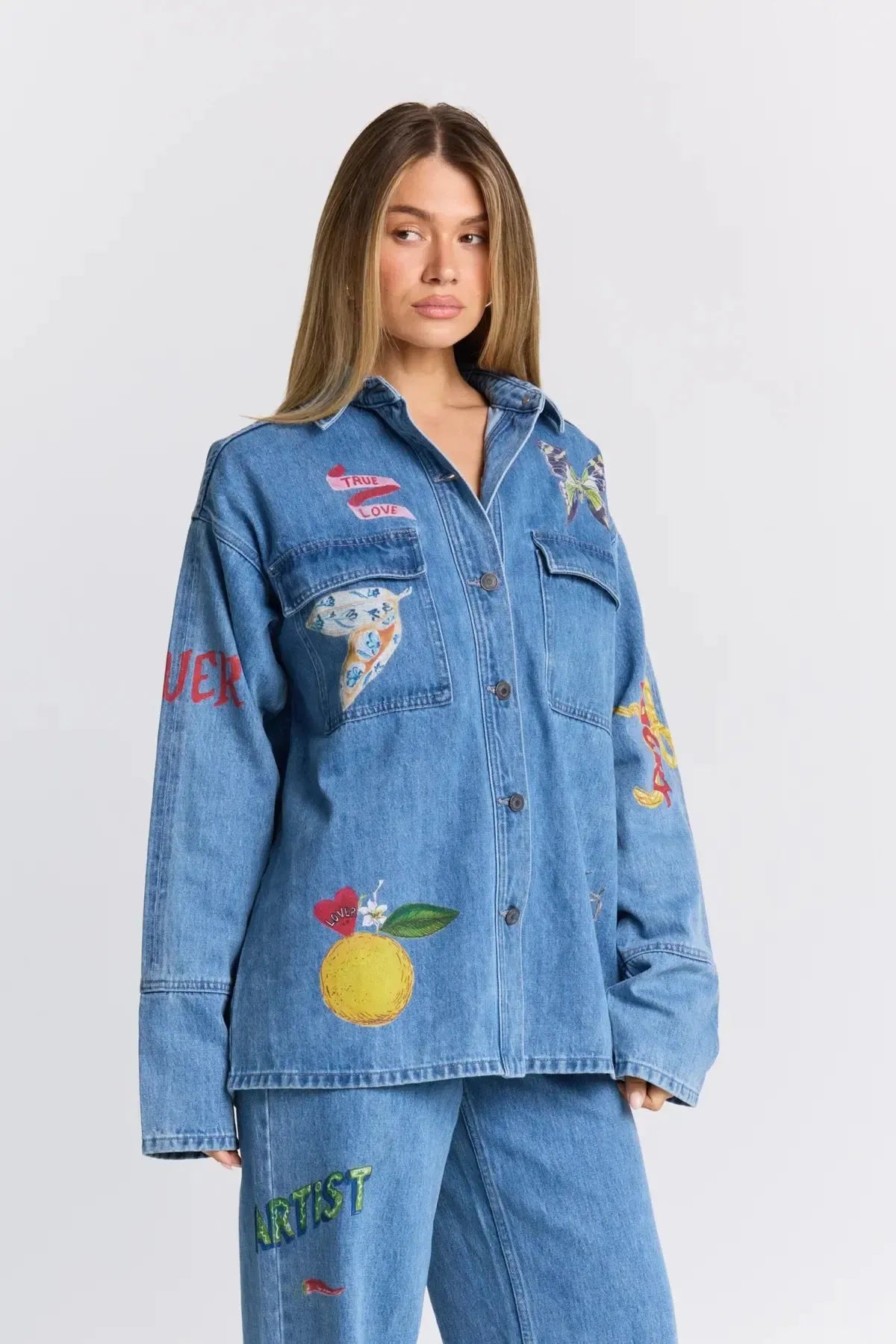 Tattoo Denim Shacket-Jackets, Coats & Vests-Maku Studios-The Bay Room