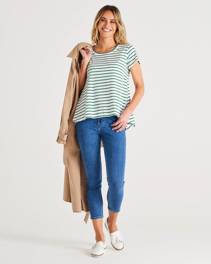 Tegan Swing Tee - Meadow Green Stripe-Tops-Betty Basics-The Bay Room