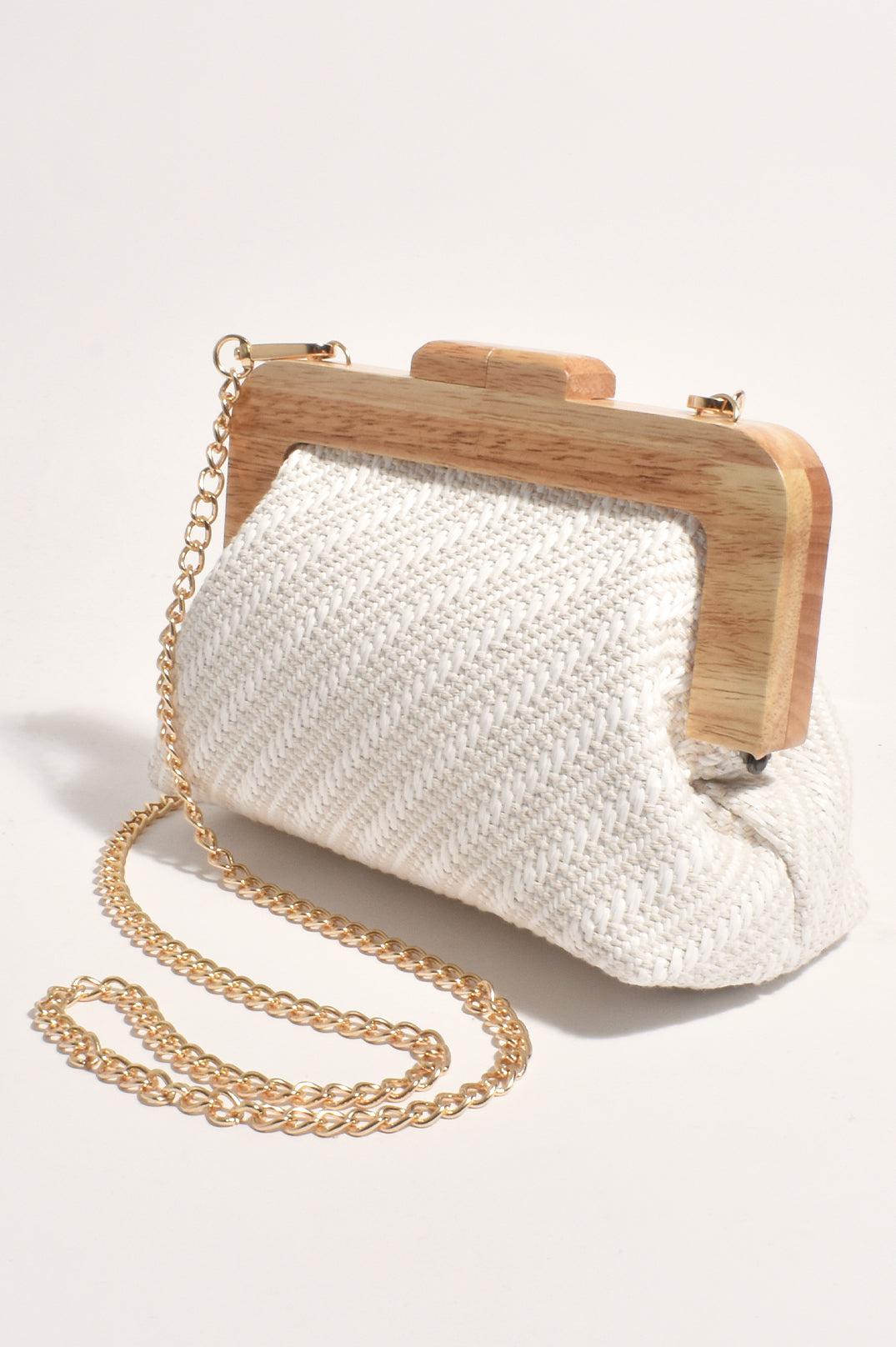 Tessa Diagonal Weave Timber Frame Clutch - White-Bags & Clutches-Adorne-The Bay Room