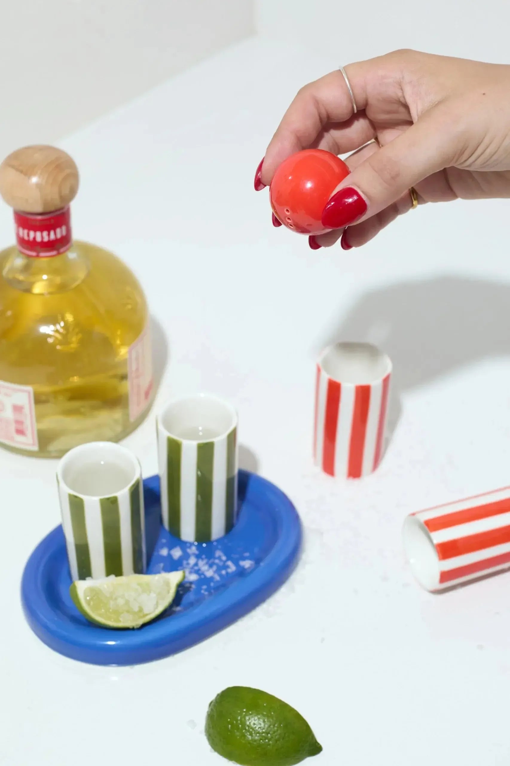 The Lily Mae Ceramic Tequila Shot Glass Set with Tray & Shaker Cobalt + Olive-Candles & Fragrances-Here's How-The Bay Room