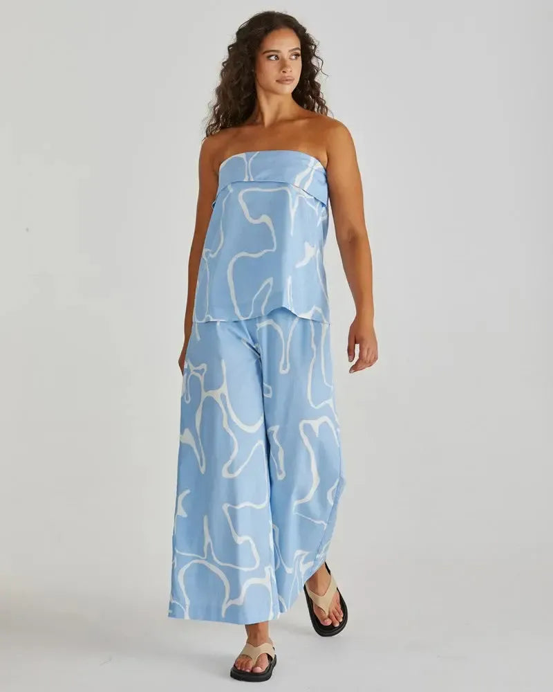 Tilda Strapless Top - Abstract Daisy Blue-Tops-SASS-The Bay Room