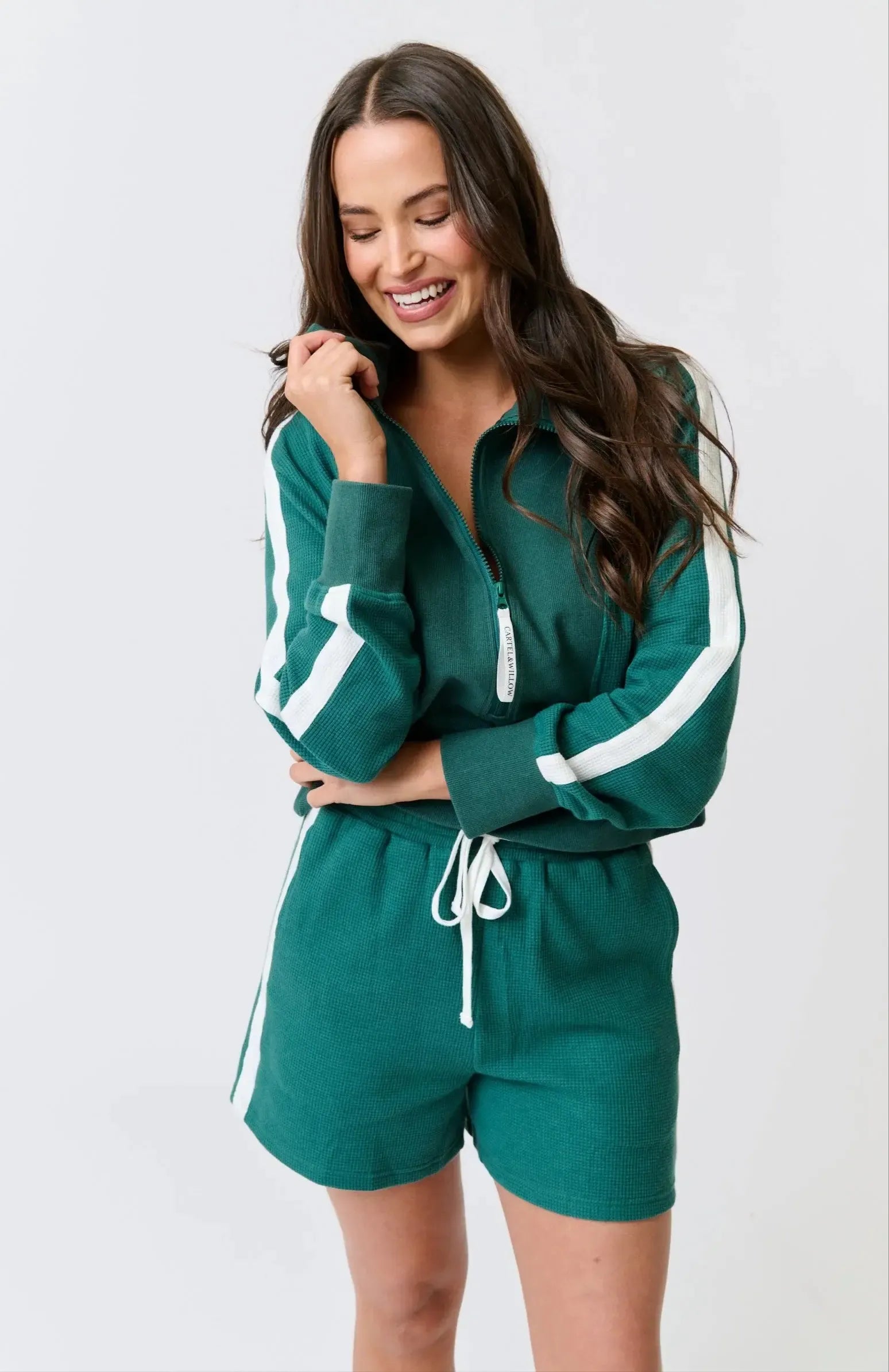 Tina 1/4 Zip Sweater - Jade Waffle-Knitwear & Jumpers-Cartel & Willow-The Bay Room
