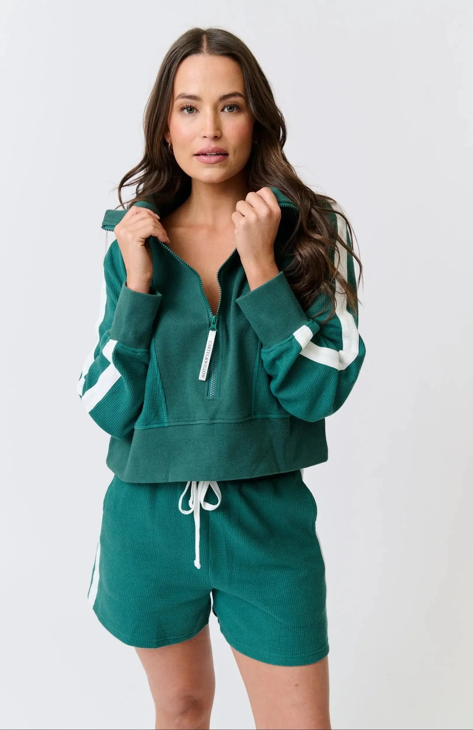 Tina 1/4 Zip Sweater - Jade Waffle-Knitwear & Jumpers-Cartel & Willow-The Bay Room