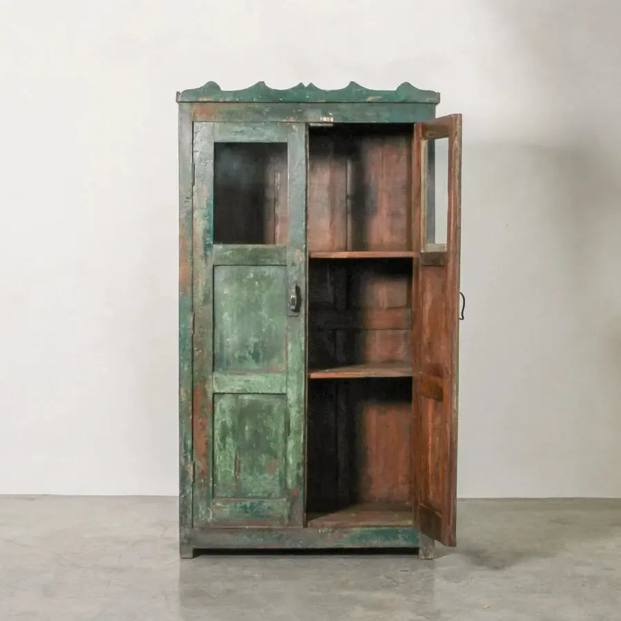 Vintage Indian Glass Almirah Green-Furniture-Indigo Love-The Bay Room