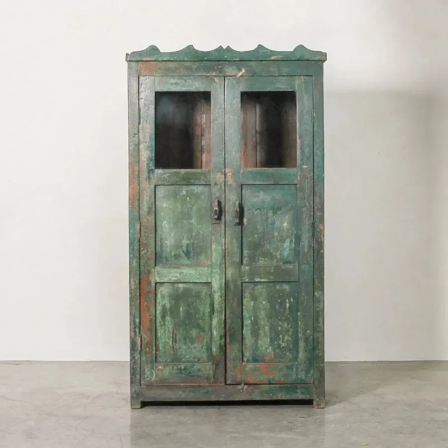 Vintage Indian Glass Almirah Green-Furniture-Indigo Love-The Bay Room