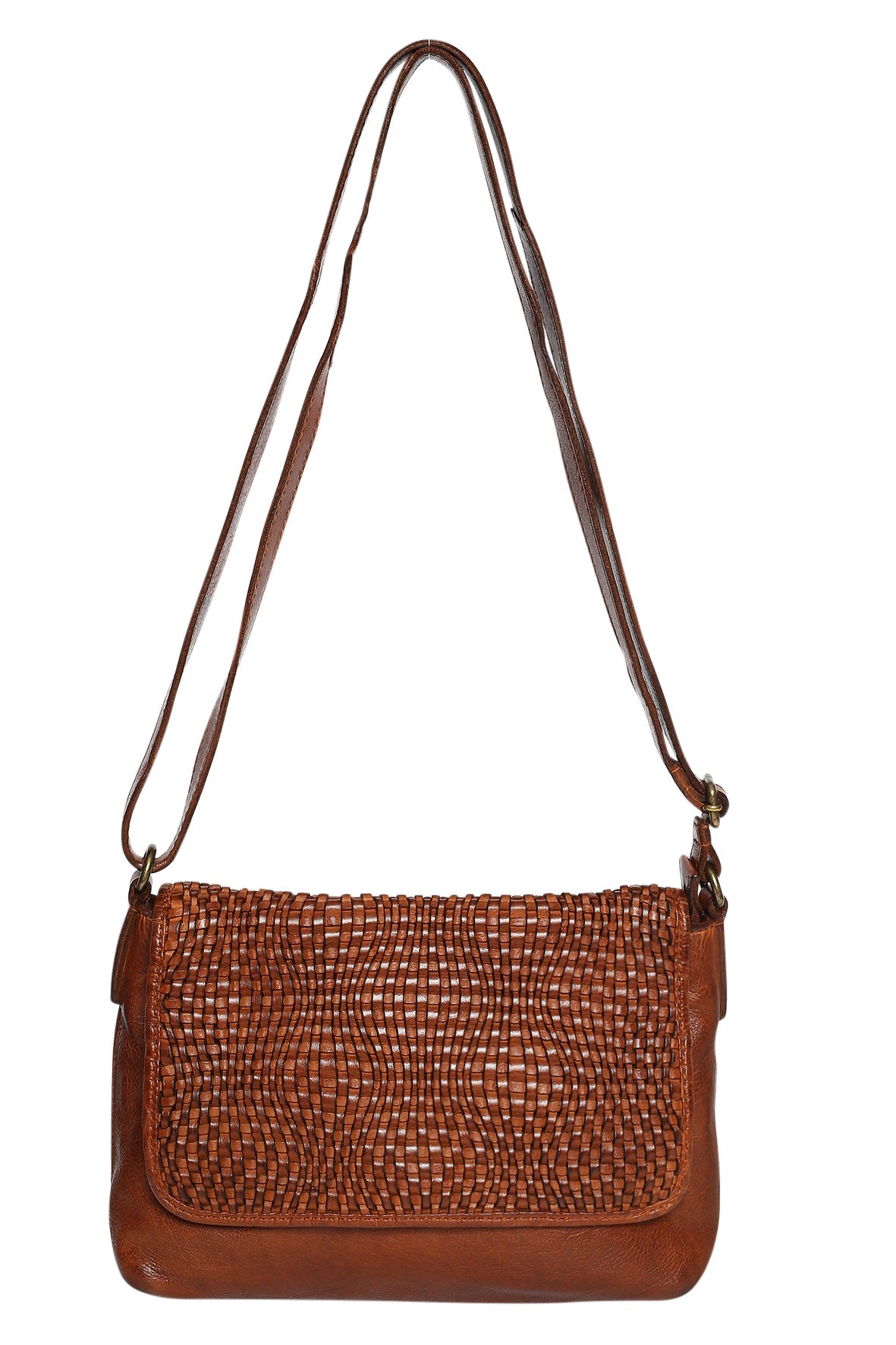 Vintage Leather Woven Flap Cross Body Bag - Tan-Bags & Clutches-Modapelle-The Bay Room