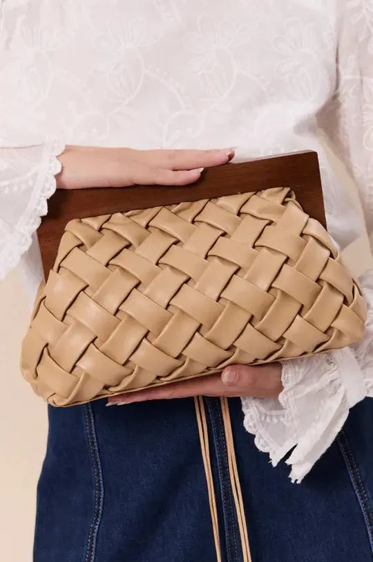 Vivienne Weave Timber Frame Clutch - Camel-Bags & Clutches-Adorne-The Bay Room