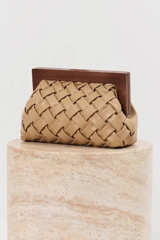Vivienne Weave Timber Frame Clutch - Camel-Bags & Clutches-Adorne-The Bay Room