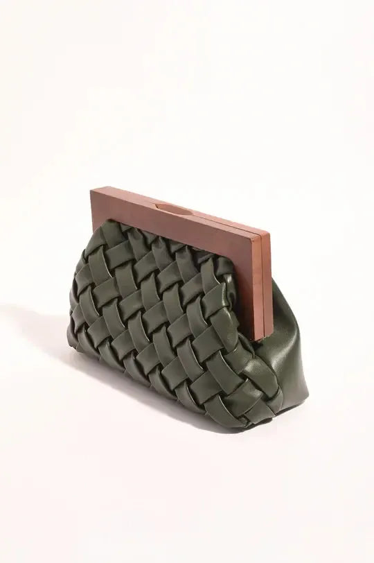 Vivienne Weave Timber Frame Clutch - Khaki-Bags & Clutches-Adorne-The Bay Room