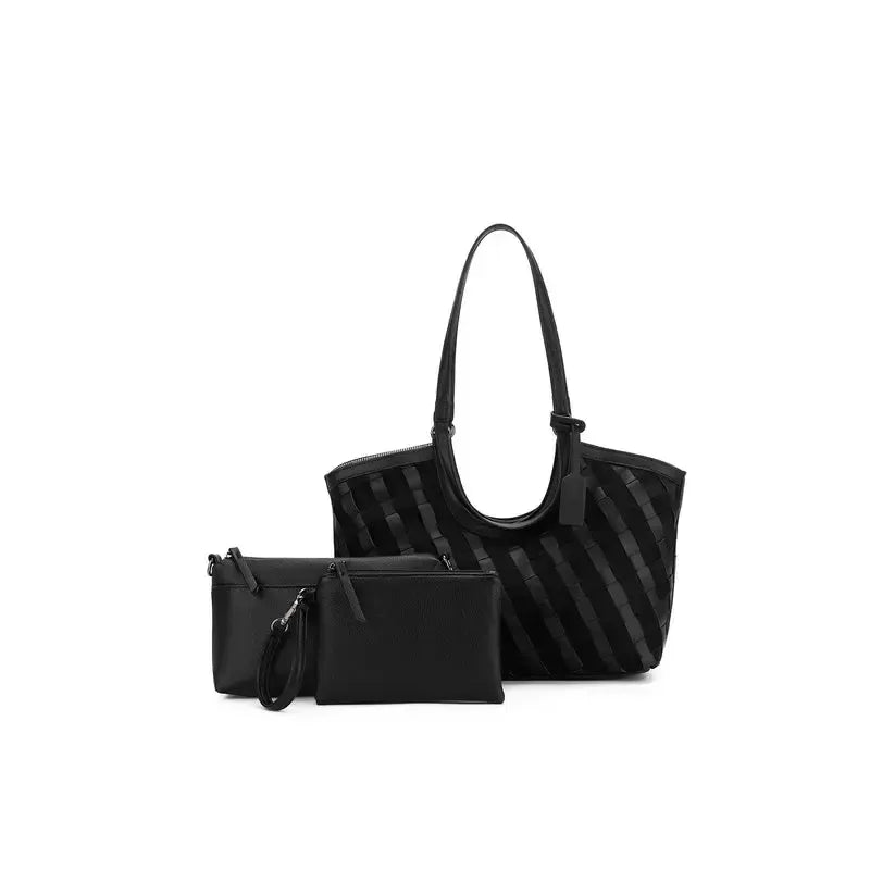 Waverly Black 3 Piece Woven Handbag Tote-Bags & Clutches-Black Caviar Designs-The Bay Room
