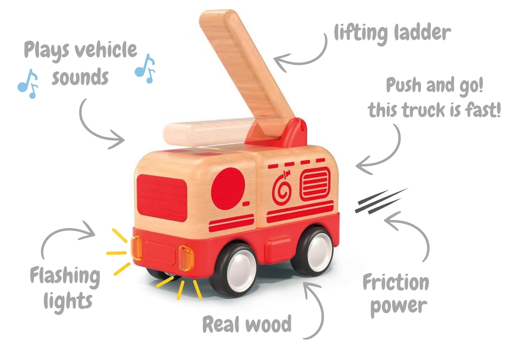 Wooden Friction Truck Fire Engine with Sound and Light-Toys-Eleganter-The Bay Room