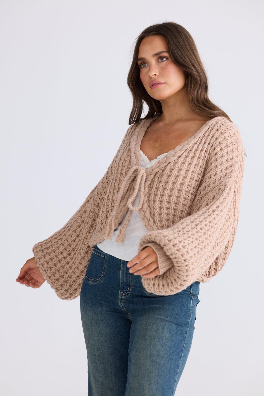 Zinnia Tie Cardi - Latte-Knitwear & Jumpers-Talisman-The Bay Room