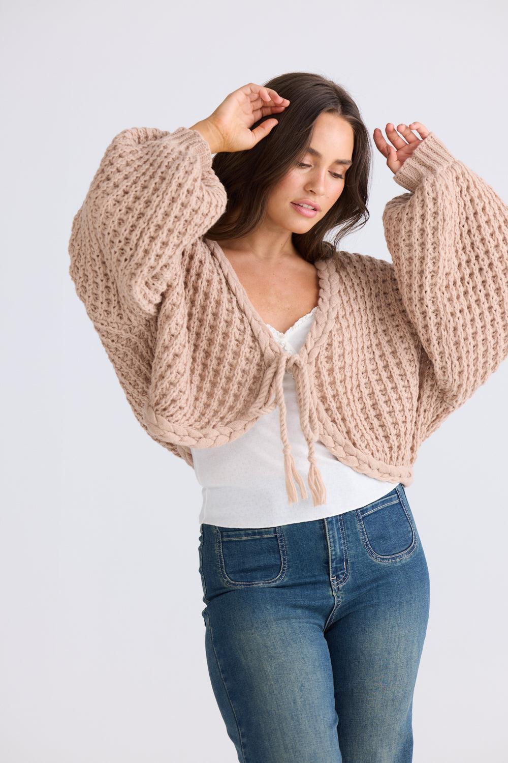 Zinnia Tie Cardi - Latte-Knitwear & Jumpers-Talisman-The Bay Room