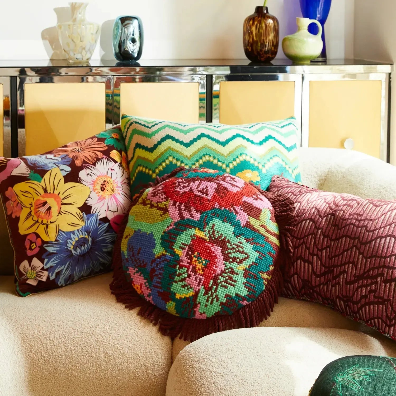Zita Cross Stitch Cushion-Soft Furnishings-Sage & Clare-The Bay Room