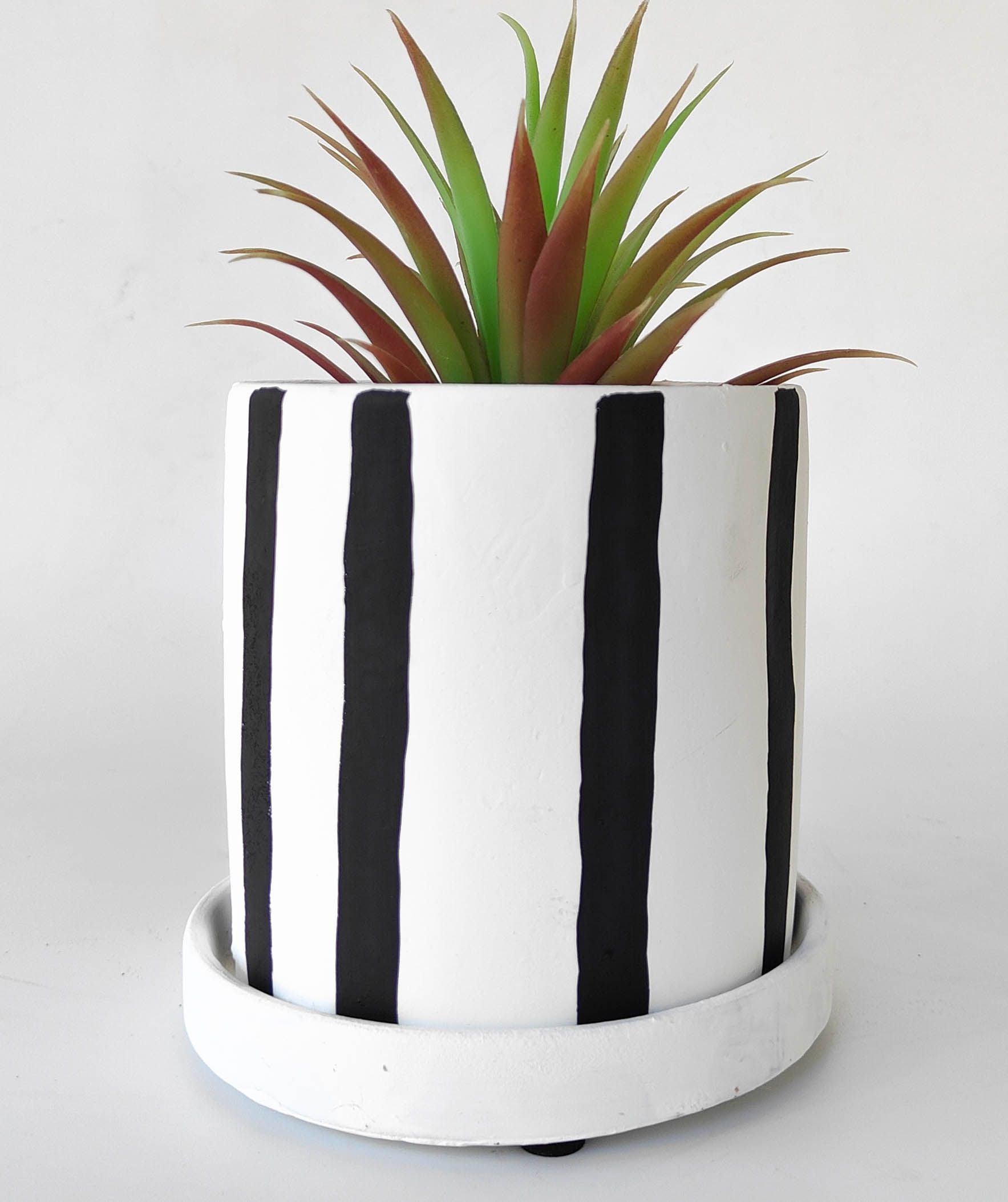 Julia Stripe Planter with Saucer Charcoal - Small-Pots, Planters & Vases-Urban Products-The Bay Room