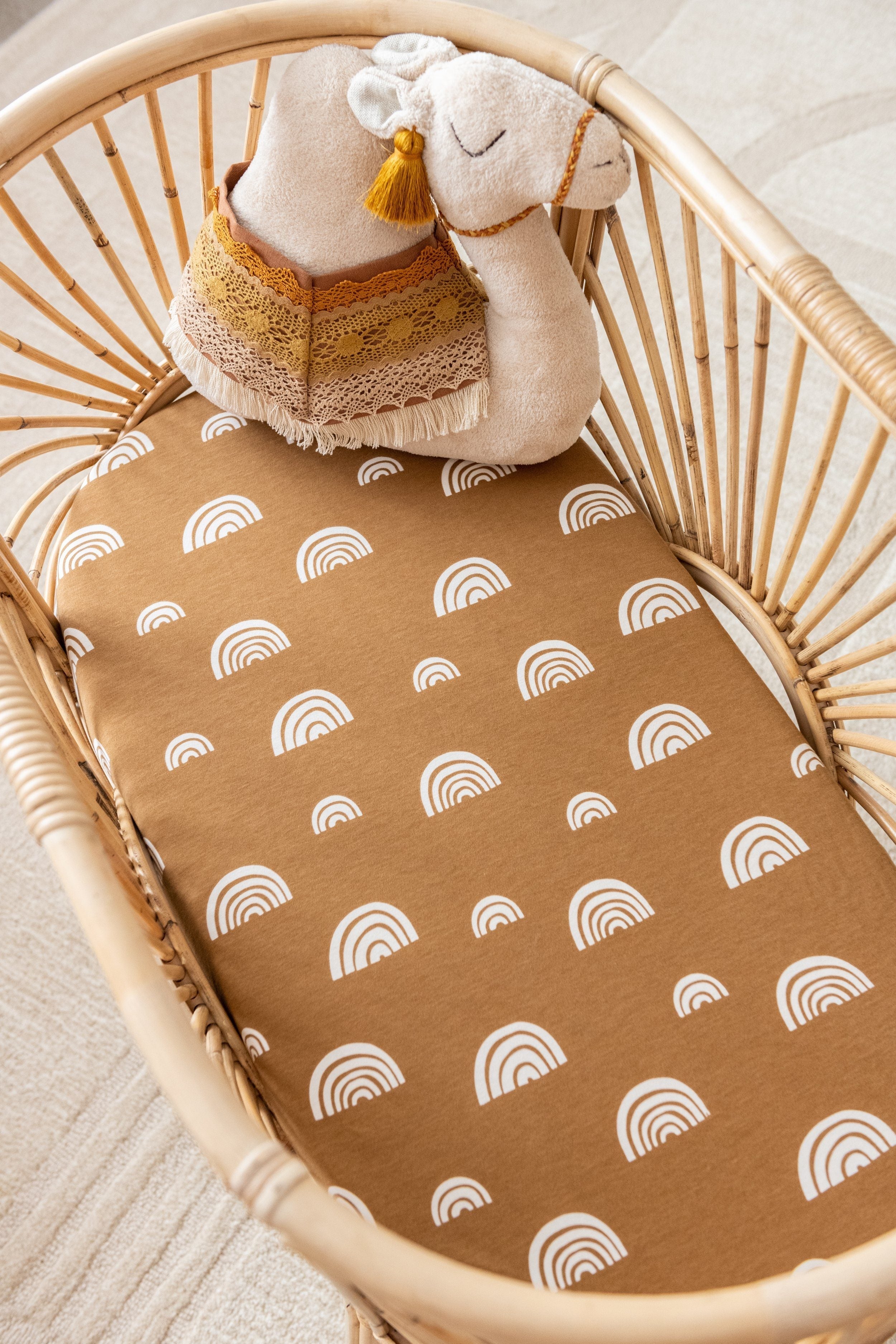 Organic Fitted Sheet - Bassinet/Change Pad - Asst Colours-Nursery & Nurture-Kiin-Umber with Ivory Rainbows-The Bay Room