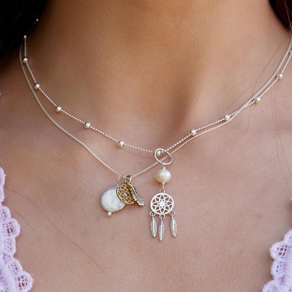 Silver/Brass Dream Catcher & Pearl Amulet Necklace-Jewellery-Palas-The Bay Room