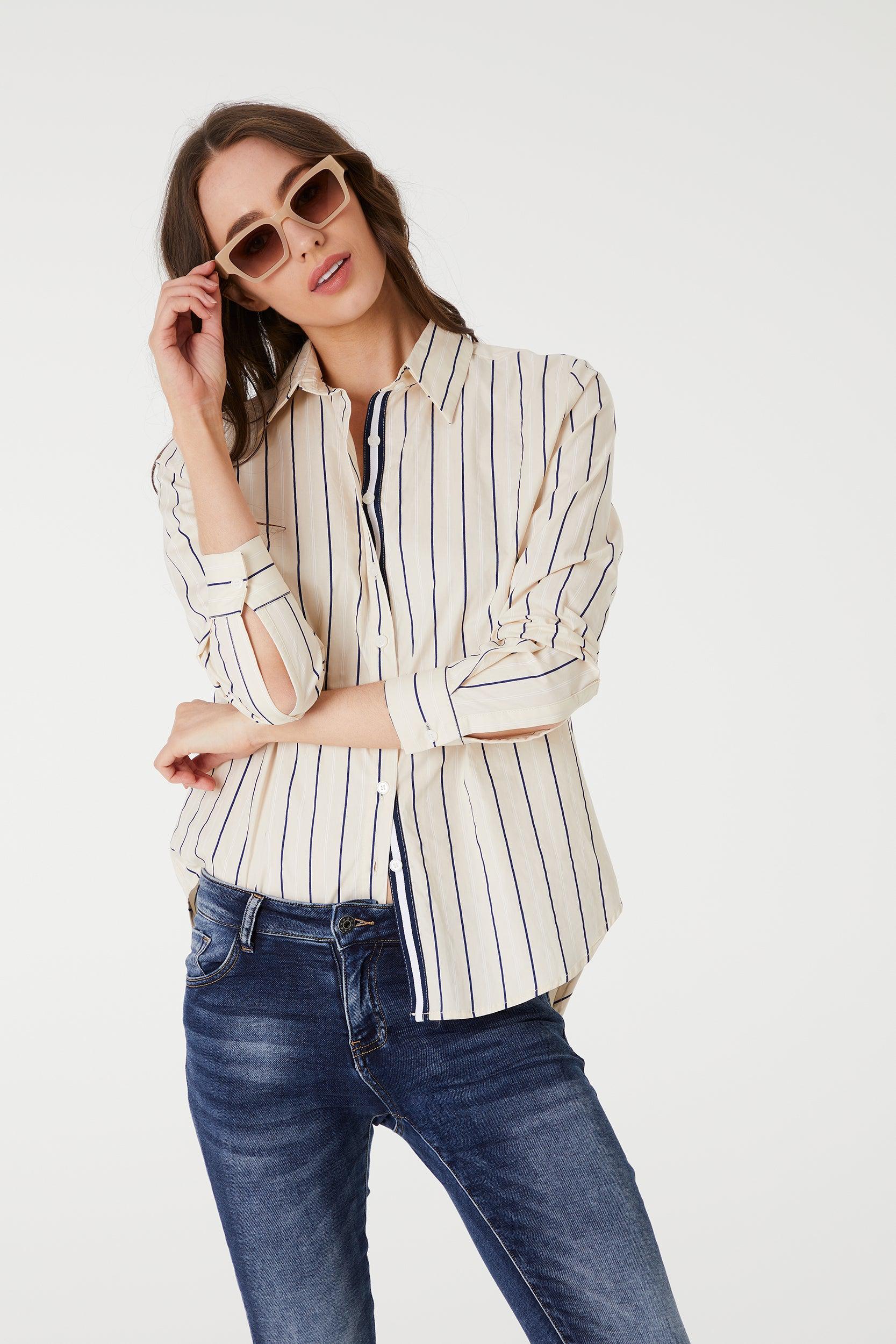 Stripe Tape Detail Shirt - Natural-Tops-365 Days-The Bay Room